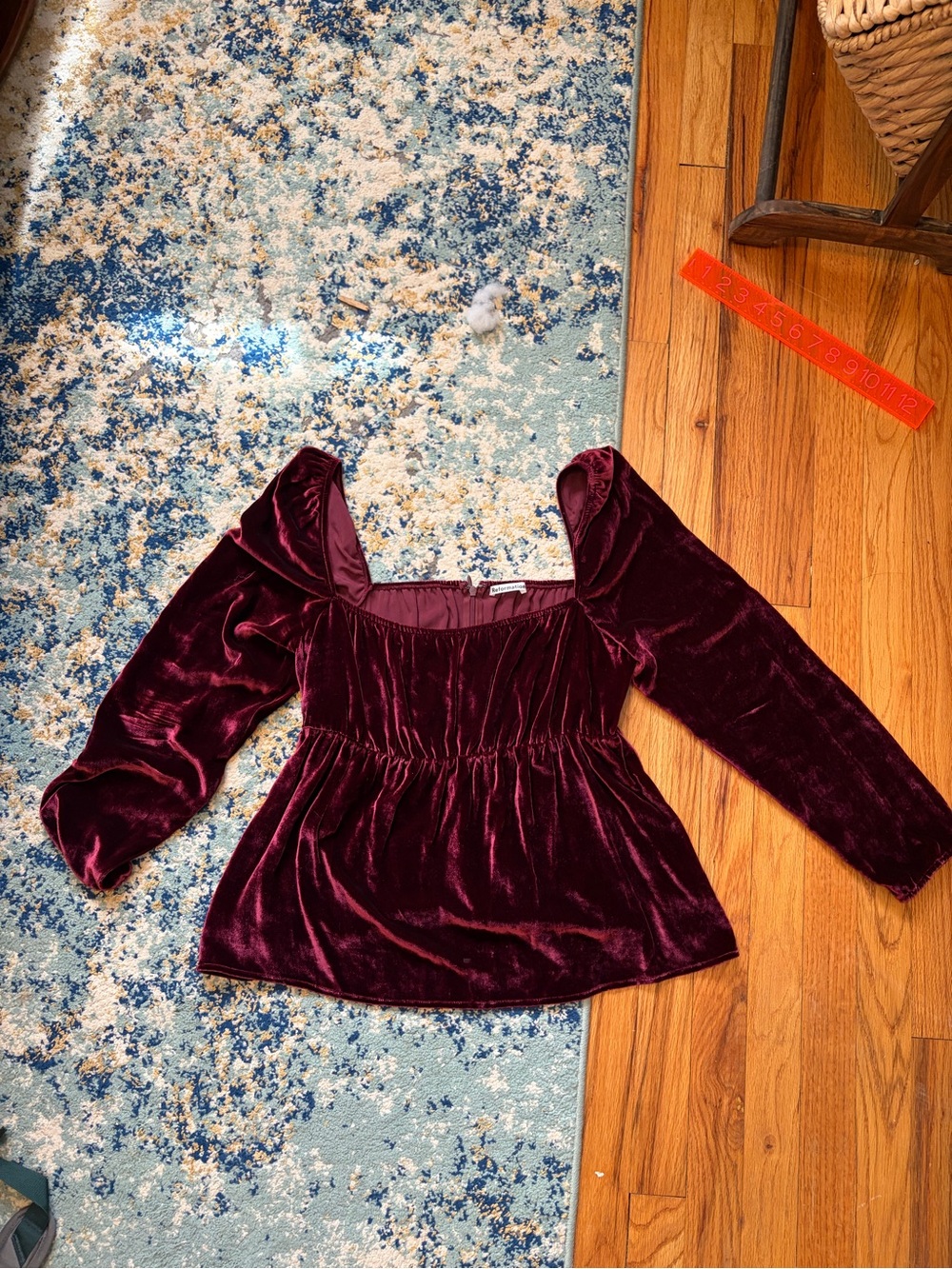 Reformation Burgundy Velvet Peplum Long-Sleeve Top